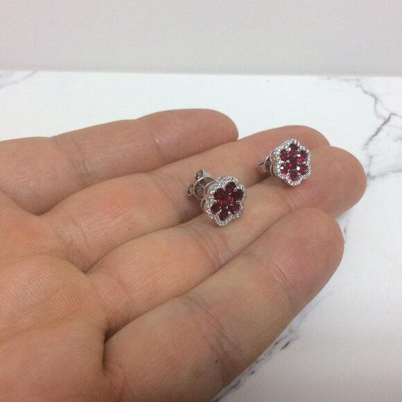 14k White Real Gold Natural Ruby Diamonds Flower cluster women Earrings - Picture 5 of 7